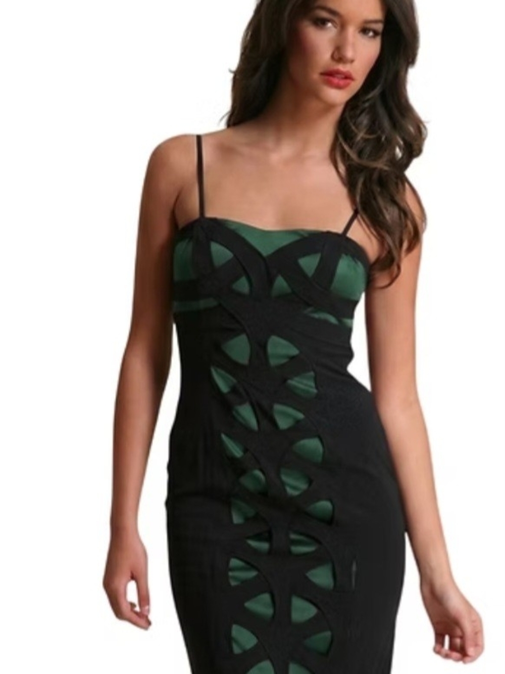 Karen Millen Black & Emerald Green Silk-Blend Satin Panel Sheath Dress Sz US 6